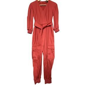BCBG Jumpsuit Womens sz XXS Tandoori Spice Orange Red Belted VNeck Fall Harvest